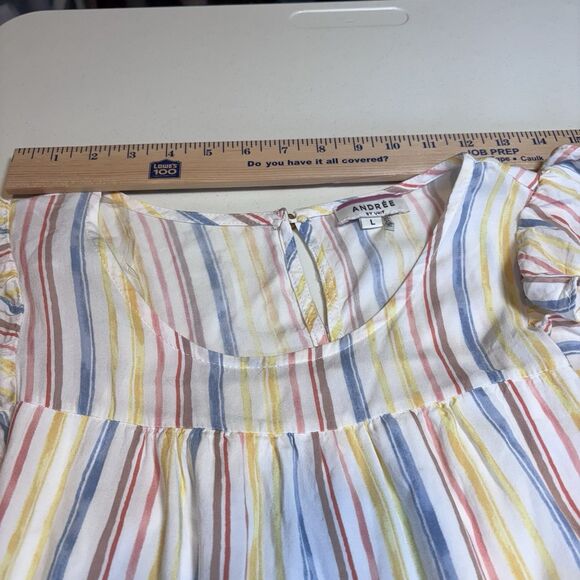 Andree by Unit Dress size L Shift Babydoll Ruffles Tiered Rainbow Stripe Beach - Picture 6 of 10